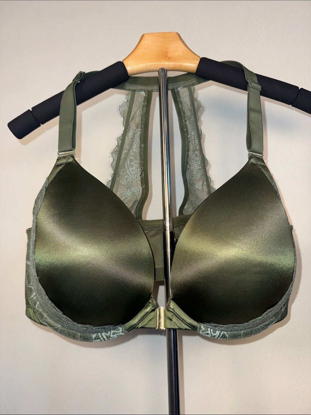 Cacique Olive Green Satin Push-Up Bra with Lace Racerback